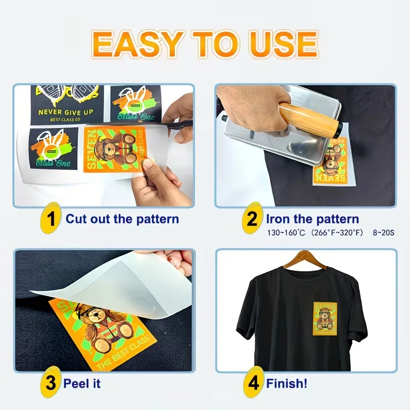Instructions showing how to cut, iron, peel, and finish custom heat transfer stickers for DIY clothing