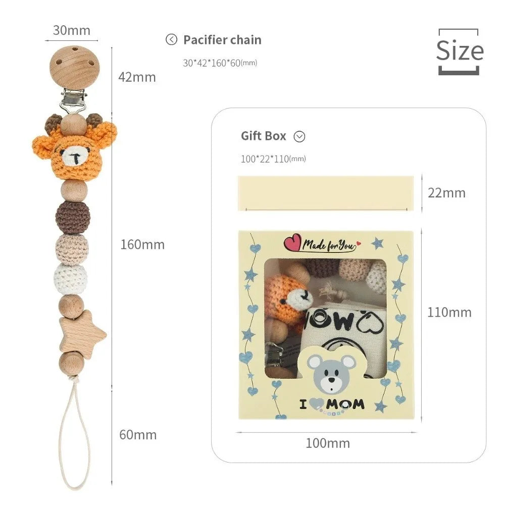 Wooden Baby Pacifier Clip with Crochet Charms