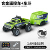 A green and black 1:64 scale alloy remote control monster truck with a detachable car body and travel trailer.