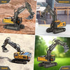 A yellow and black YIGONG remote control excavator toy is shown in various outdoor contexts like mud, bedroom, and lawn.