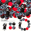A set of 25 silicone beads featuring skull designs in black and red colors for jewelry and crafting.