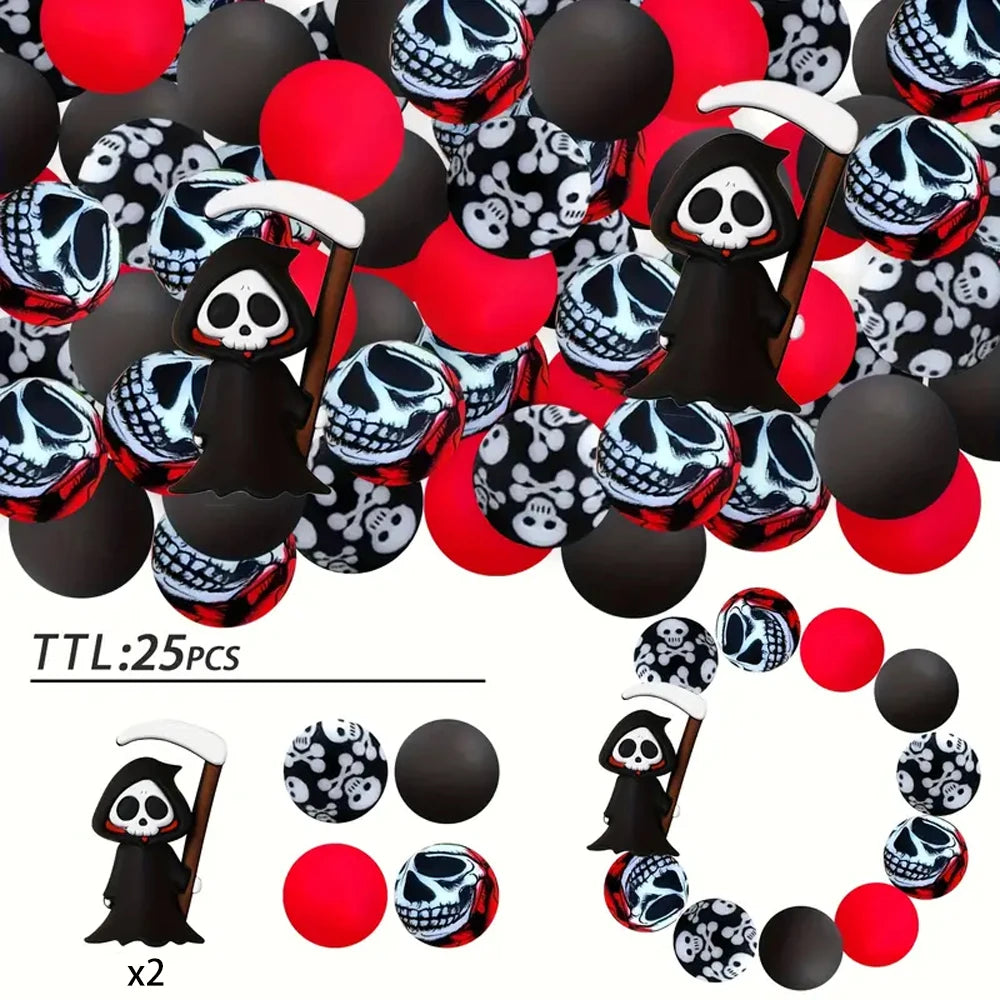 A set of 25 silicone beads featuring skull designs in black and red colors for jewelry and crafting.