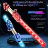 A red and blue light saber toy with double blades is shown, featuring waterfall lantern effects and six-color lights.