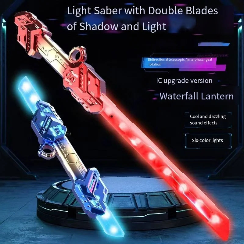 A red and blue light saber toy with double blades is shown, featuring waterfall lantern effects and six-color lights.
