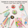A set of six vibrant acrylic gel pens in various colors laid out on a white background.