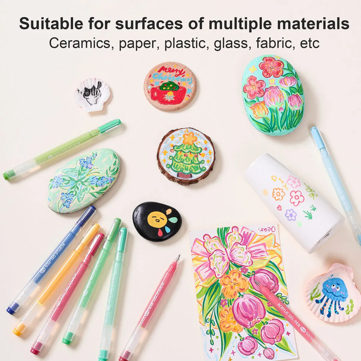 A set of six vibrant acrylic gel pens in various colors laid out on a white background.