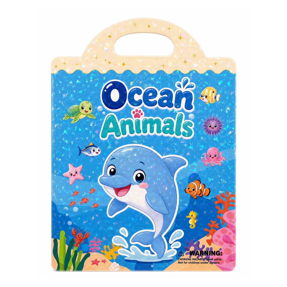 A colorful reusable cartoon sticker book featuring ocean animals like a dolphin and various sea creatures.