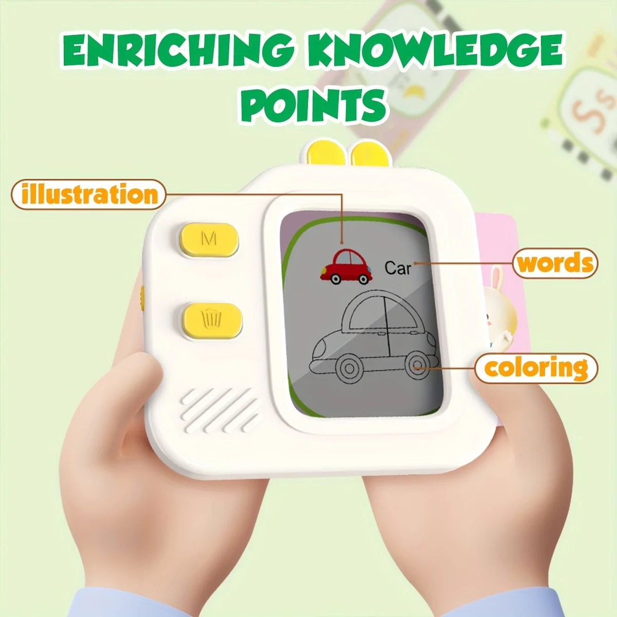 A hand holds a white interactive learning board featuring illustrations, words, and coloring elements like a car drawing.