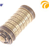 A brass metal cryptex lock featuring an alphabet dial and decorative rings.