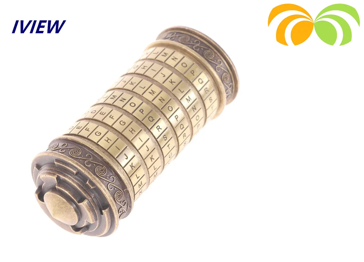 A brass metal cryptex lock featuring an alphabet dial and decorative rings.