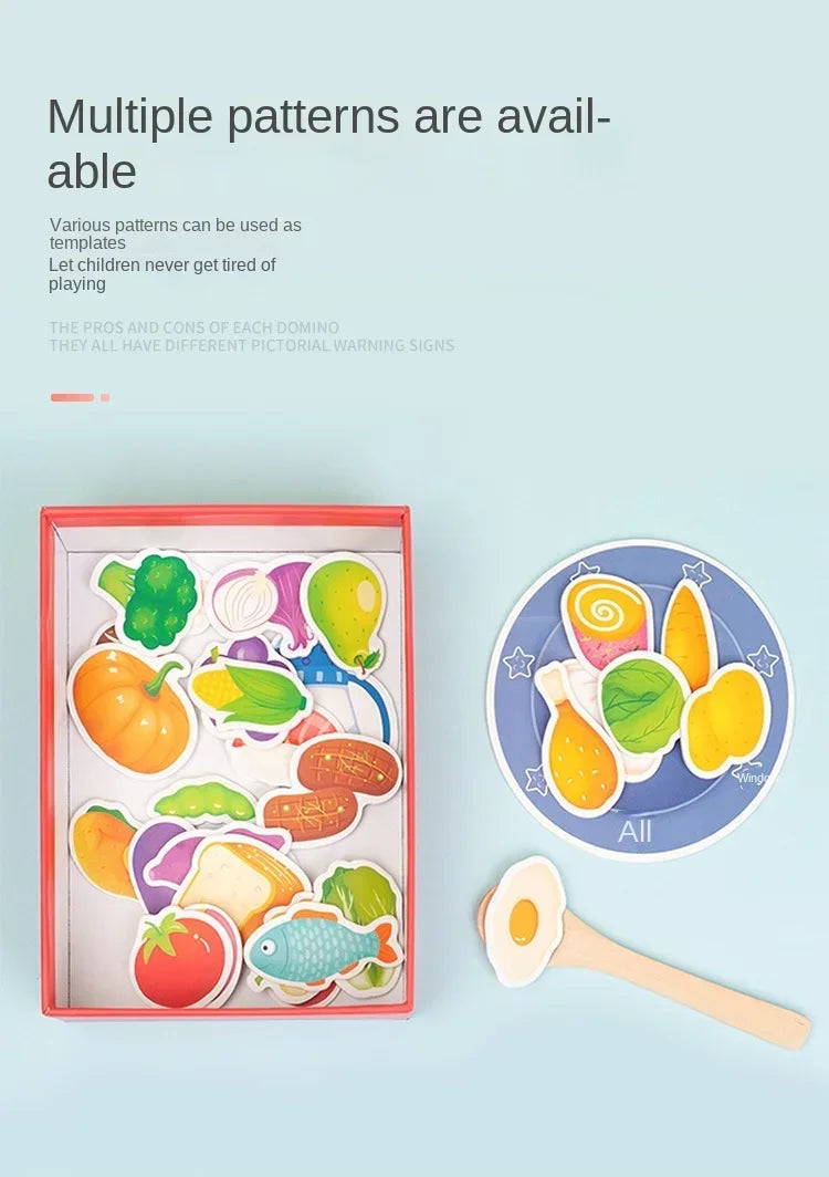 A red box containing various colorful food-themed domino patterns and a wooden bear feeding game toy.