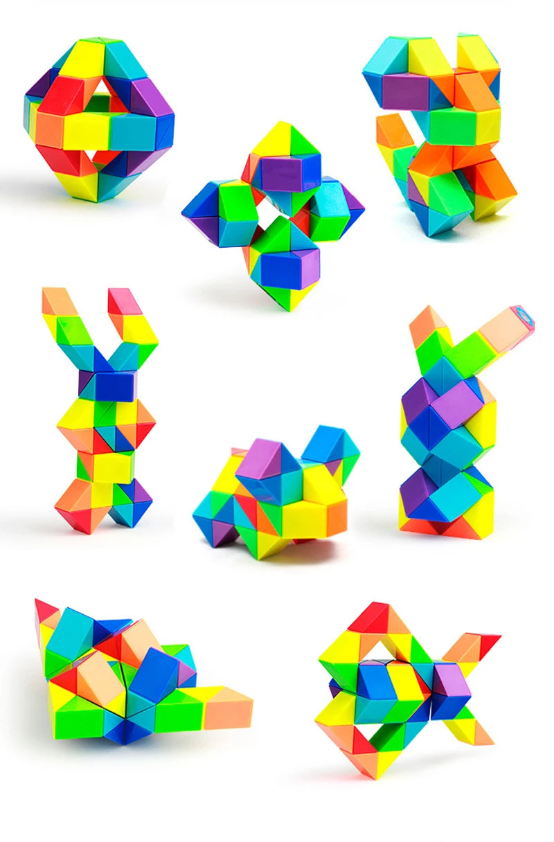 Colorful magic snake cube 3D puzzle fidget toy shown in various shapes and angles