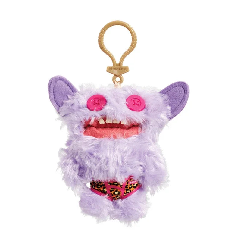 A purple plush monster keychain with pink eyes and a pink patterned belly.