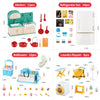 A collection of 11 pieces of dollhouse furniture including a kitchen set, bathroom accessories, and other household items.