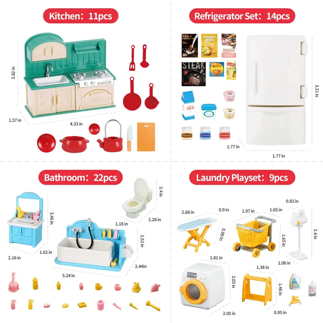 A collection of 11 pieces of dollhouse furniture including a kitchen set, bathroom accessories, and other household items.