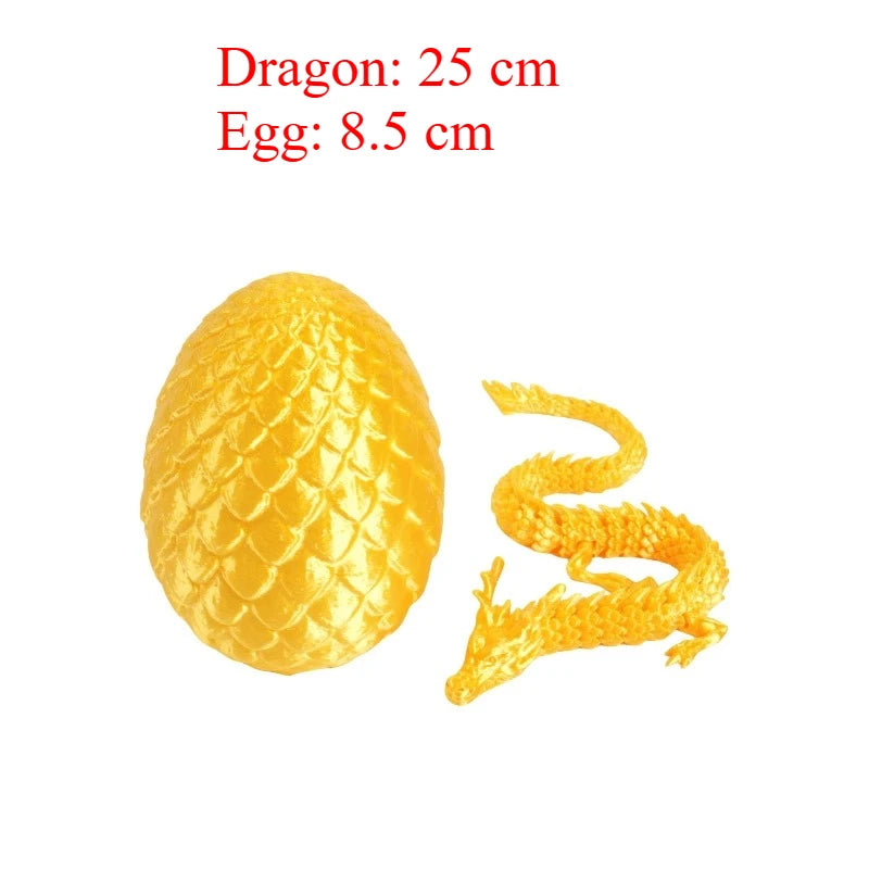 Modèle de dragon jaune avec un œuf, mesurant 25 cm pour le dragon et 8,5 cm pour l'œuf.