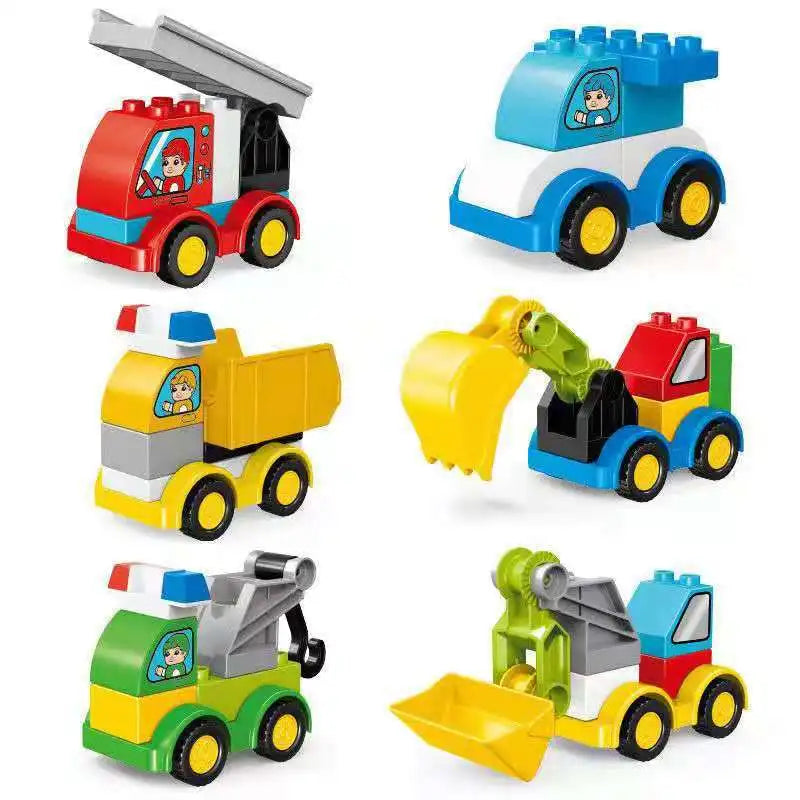 A set of colorful construction vehicle building blocks featuring various vehicles like dump trucks and loaders.