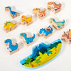 A collection of wooden dinosaur stacking blocks in various colors and sizes for children's play.