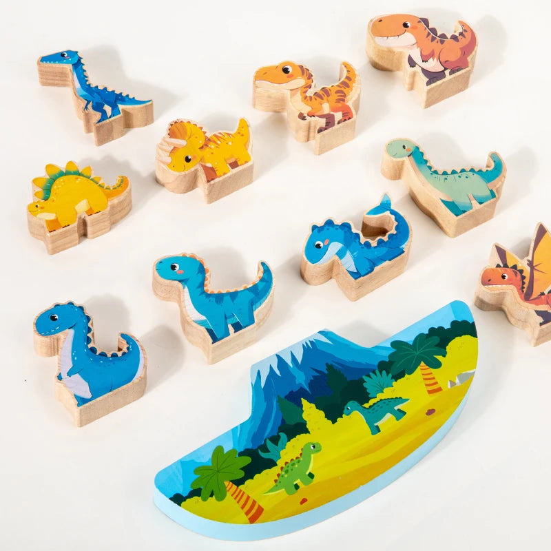 A collection of wooden dinosaur stacking blocks in various colors and sizes for children's play.