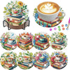 An 8-piece diamond painting coaster kit with a holder featuring various floral and book designs.