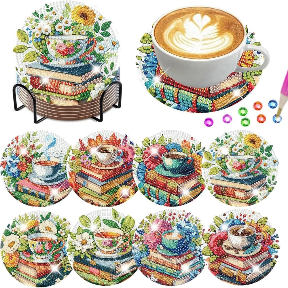 An 8-piece diamond painting coaster kit with a holder featuring various floral and book designs.