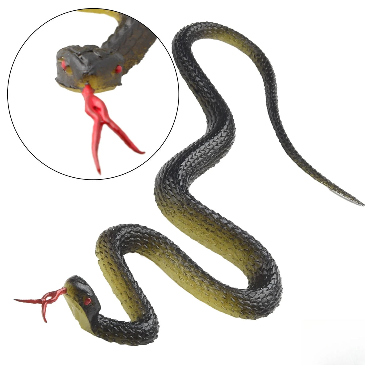 A rubber snake with a red tongue is shown, featuring a realistic texture and dark green coloration.