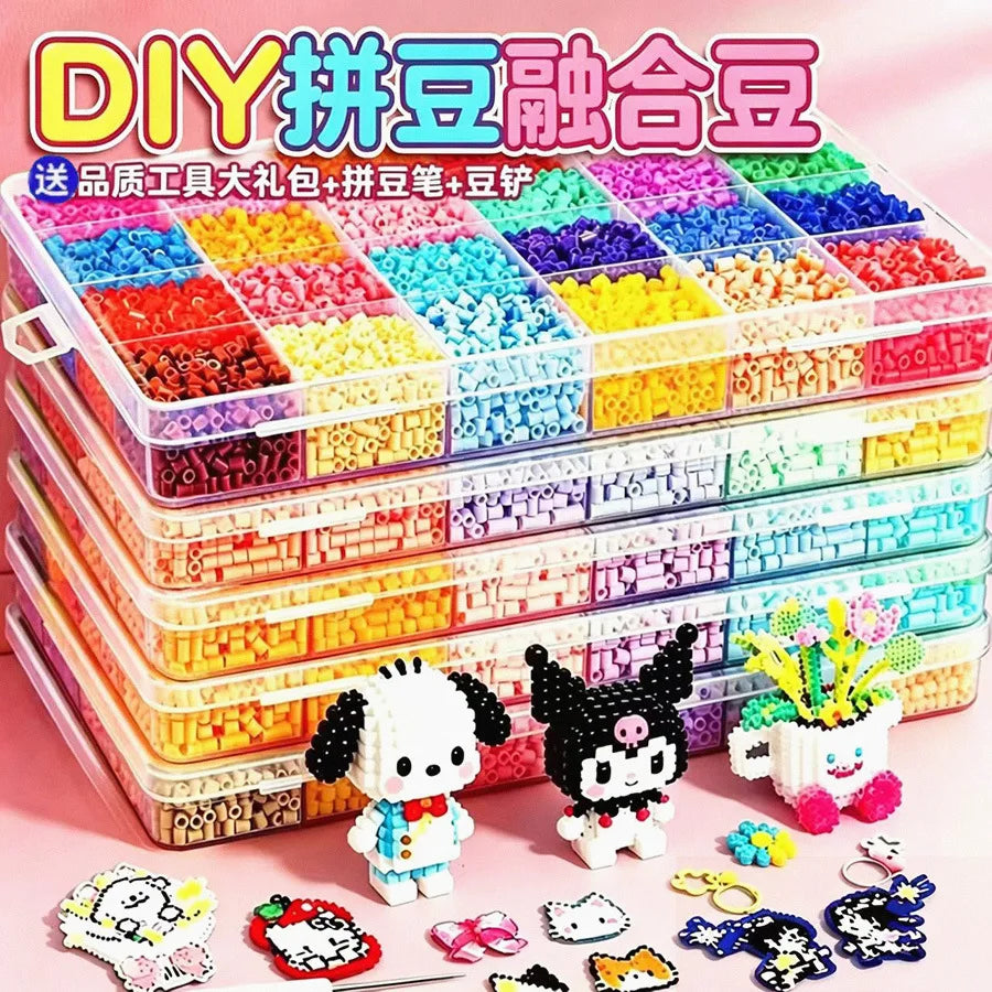 A colorful box of Perler beads craft kit showing various colors and finished bead projects.