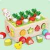 A wooden toy set featuring various radish and vegetable shapes for matching and stacking.