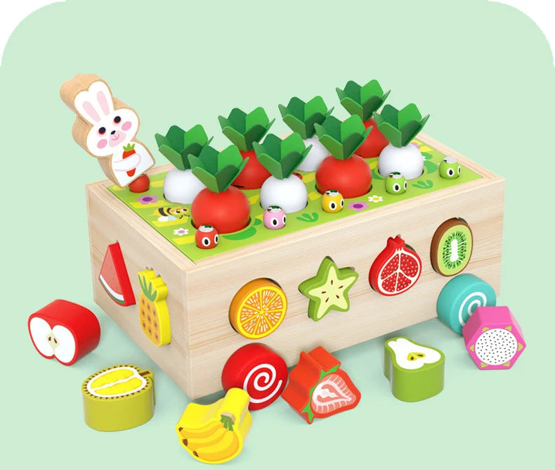 A wooden toy set featuring various radish and vegetable shapes for matching and stacking.