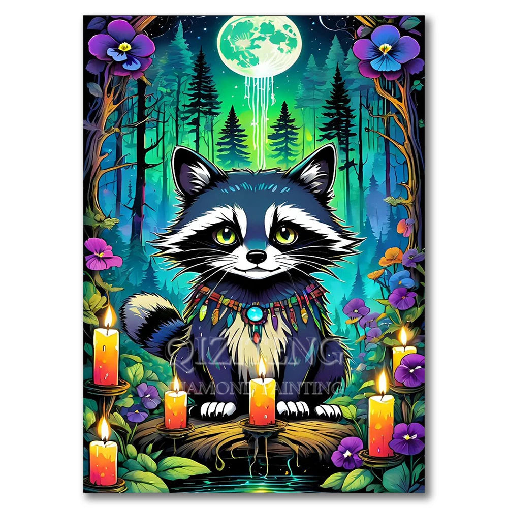 A vibrant illustration of a black and white striped cat with glowing eyes surrounded by lush forest and celestial elements.