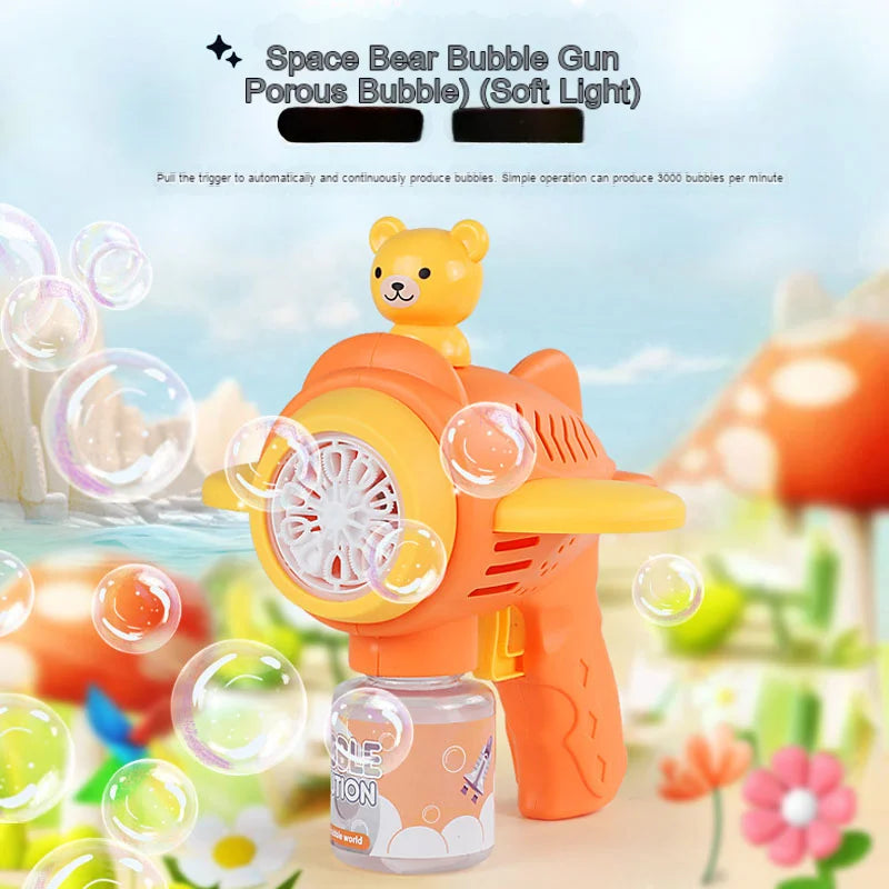 An orange bear-shaped bubble gun is shown with bubbles being produced, set against a bright outdoor background.