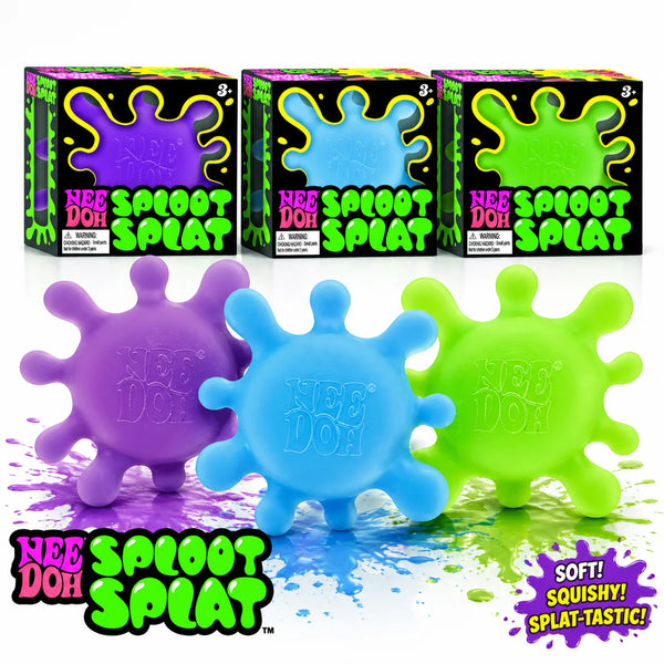 A set of three neon colored squishy slap toys in purple, blue, and green are displayed with their packaging.