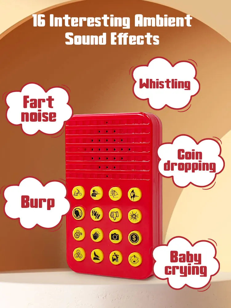 A red button sound effect device with various buttons for making funny noises like fart, burp, and baby crying.