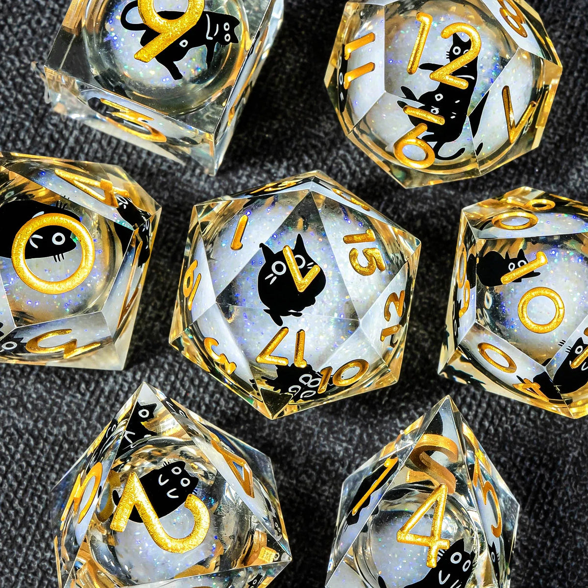 Cat Liquid Core Polyhedral Dice Set with Sharp Edges