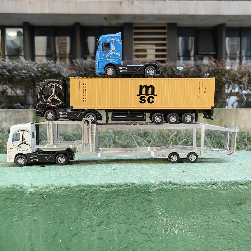 A 1:50 scale diecast alloy container truck with lights and sounds is shown on a green surface.