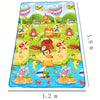 A colorful soft foam play mat featuring various toys and scenery for baby crawlers.