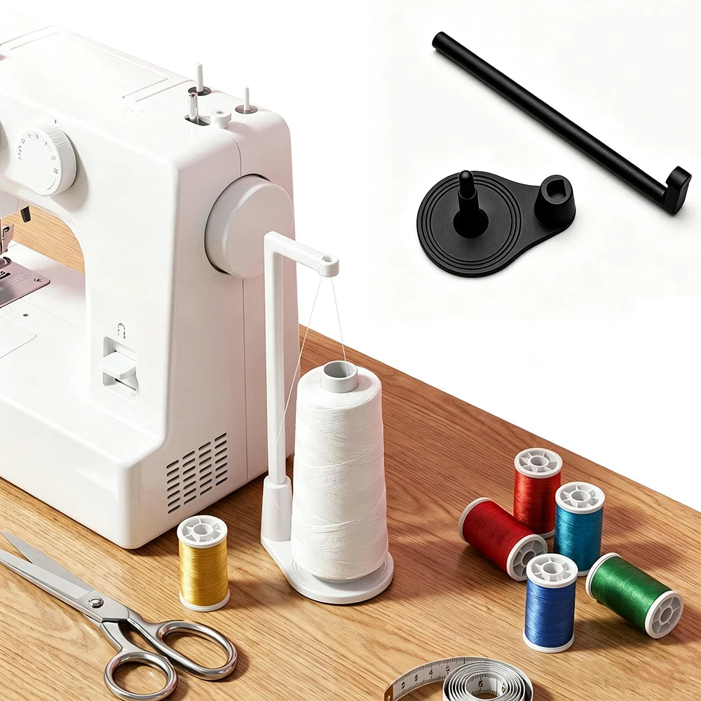 A white vertical sewing machine with a spool holder and thread guide, along with several spools of thread.