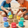 Children building sandcastles with rainbow stacking cups for color sorting and speed game