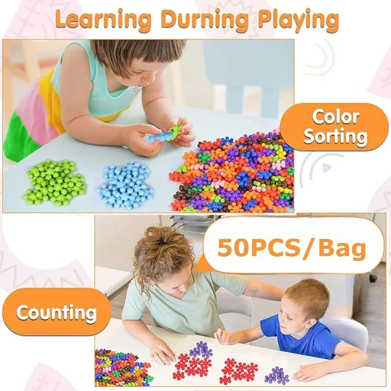 Children learning color sorting and counting with colorful interlocking plastic building blocks