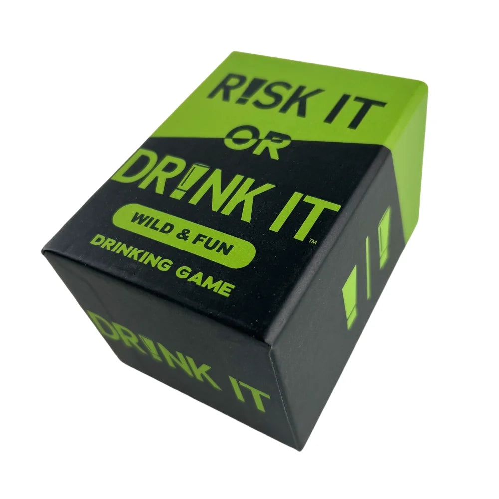 A green and black box for a drinking game titled Risk It or Drink It Wild & Fun