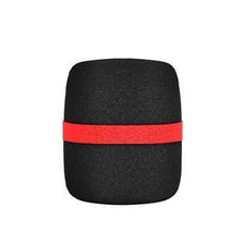 Black foam microphone windscreen cover with a red band.