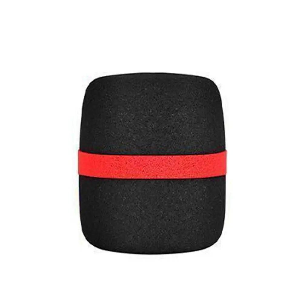 Black foam microphone windscreen cover with a red band.