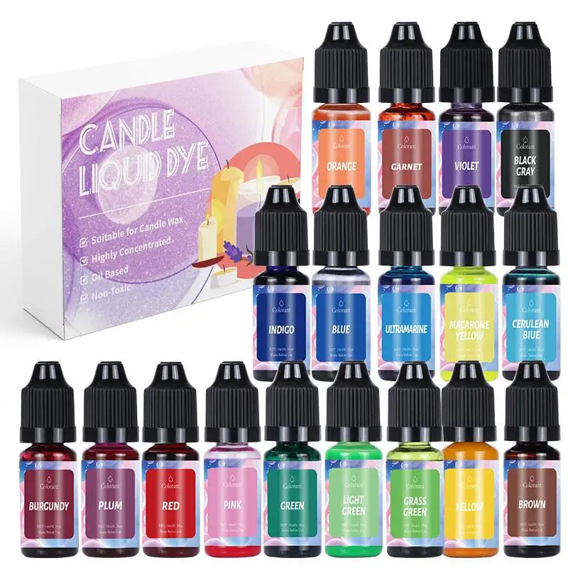 Collection de colorants pour bougies liquides dans diverses couleurs : bordeaux, prune, rouge, rose, vert, vert clair, jaune 