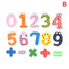 A set of wooden magnetic alphabet letters numbered 0 through 9 in various colors and shapes.