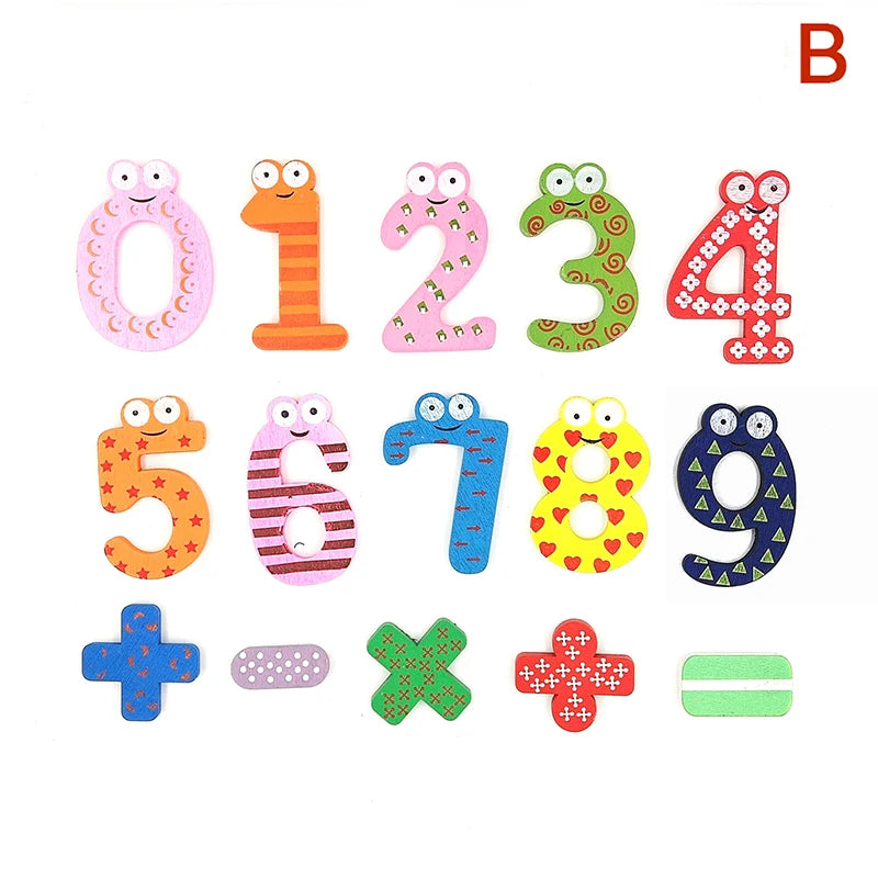 A set of wooden magnetic alphabet letters numbered 0 through 9 in various colors and shapes.