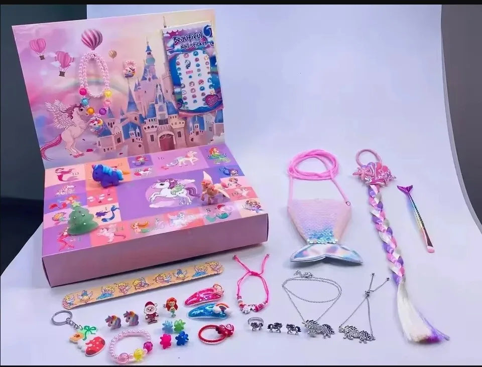 A gift box containing mermaid jewelry for a 24-day Christmas countdown, featuring various necklaces and earrings.