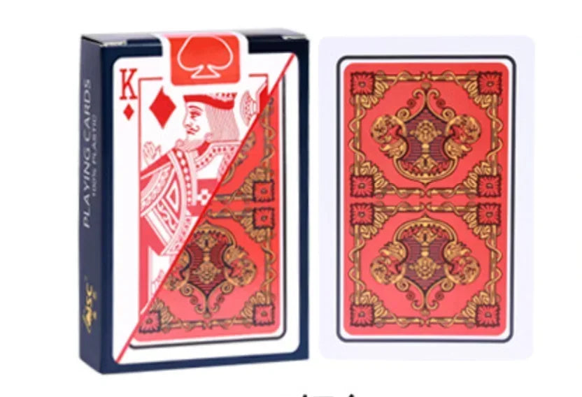 A box of waterproof plastic playing cards featuring a King of Hearts design and a detailed red and gold pattern.