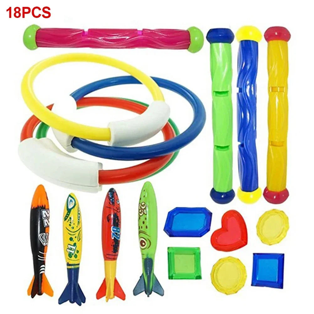 A set of colorful diving toys including a pink tube, yellow rings, and various shaped plastic diving fins.