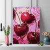 A close-up of a vibrant red cherry fruit with a stem and juice dripping, set against a pink background.