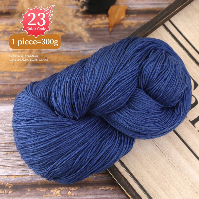 A skein of dark blue yarn is shown on a wooden surface, ready for knitting or weaving.